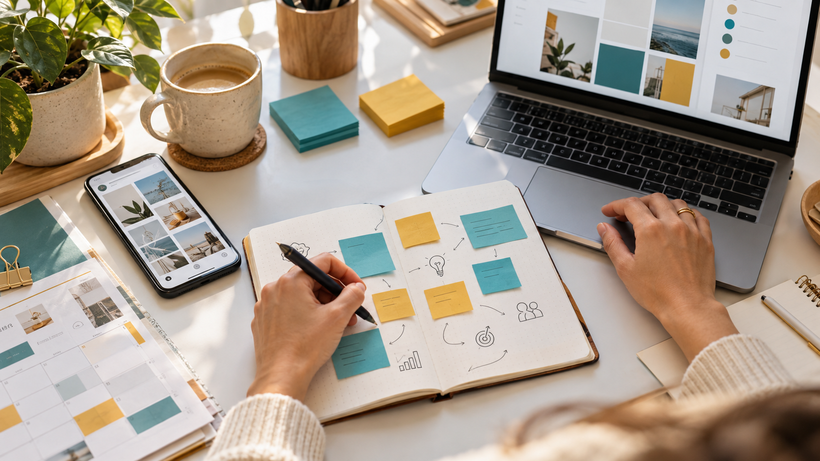 Planificación editorial con un cuaderno, notas y herramientas digitales
