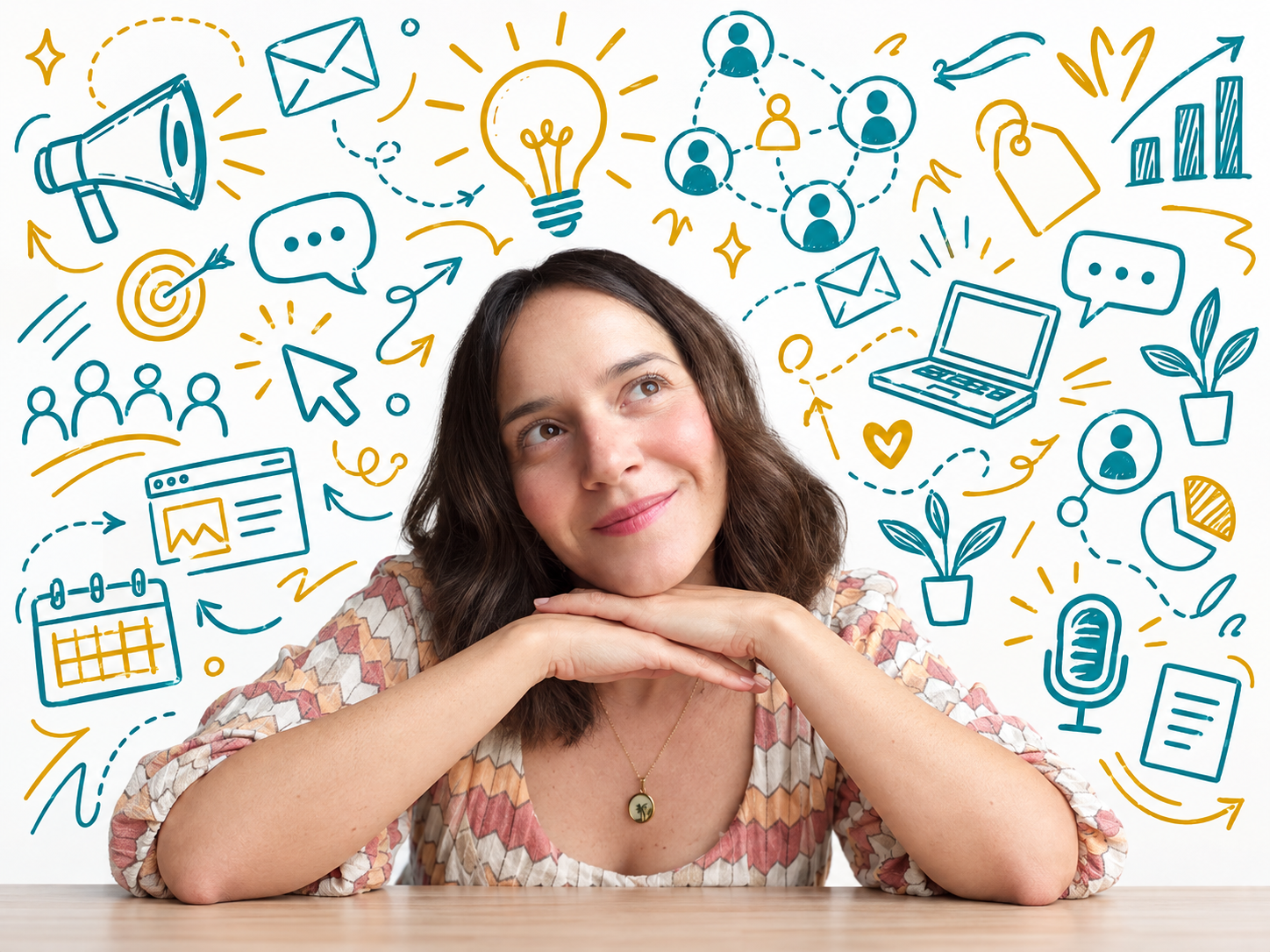 María de la Riva rodeada de ilustraciones sobre ideas, comunicación y tecnología en turquesa y mostaza